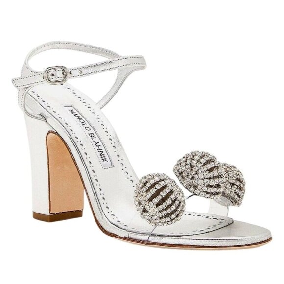 Manolo Blahnik Elhob 105 Leather Sandal in Silver 36.5 with Box Womens High Heel - Picture 1 of 15